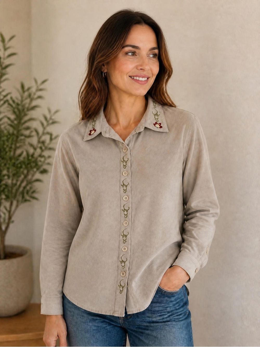 Vintage breckenridge Taupe Embroidered-Collar Button Down Shirt